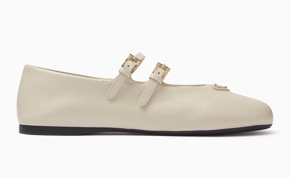Prada Ivory White Patent Double Strap Logo Mary Jane Ballerina Ballet Flat 38.5